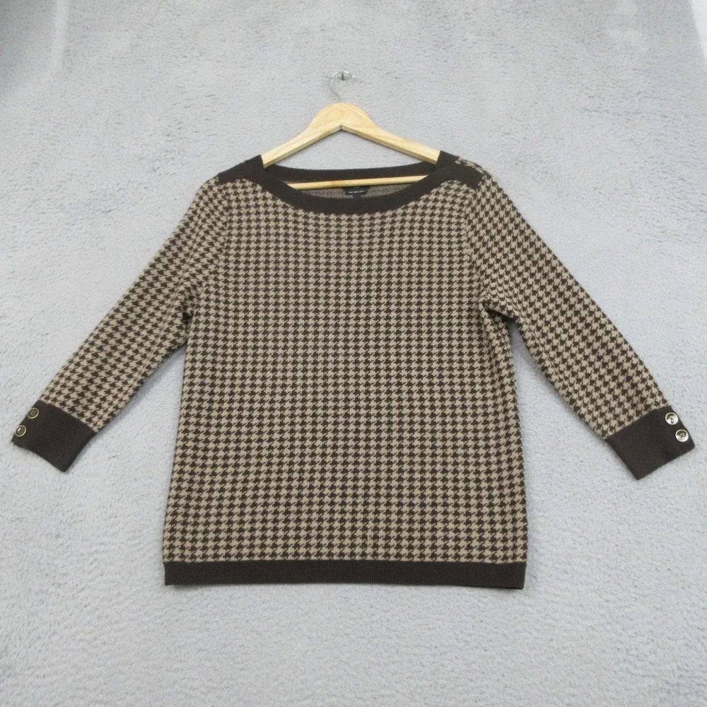 Talbots Merino Wool Sweater Womens Petite Large Brown Houndstooth Classic Preppy
